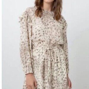 Like New Rails Ora Puma Long Sleeve Chiffon Animal Print Ivory/Brown Minidress.S